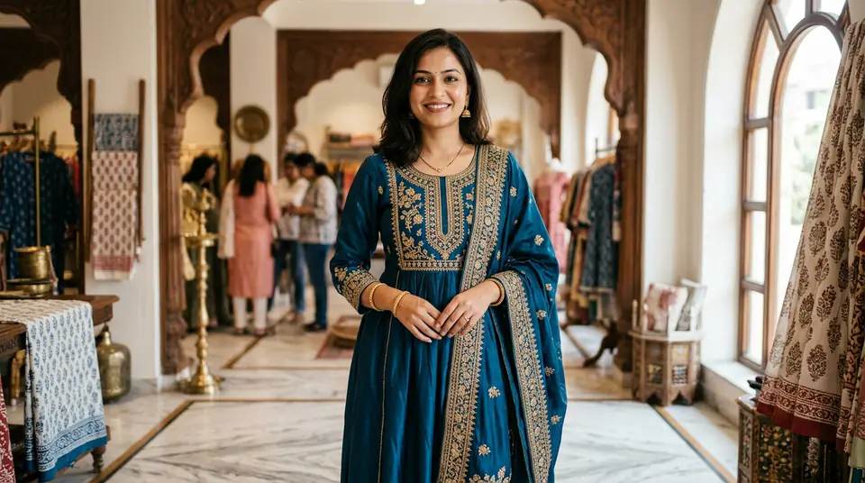 Young Indian woman in a stylish kurti set, smiling confidently in a modern boutique setting, showcasing the garment's intricate details.