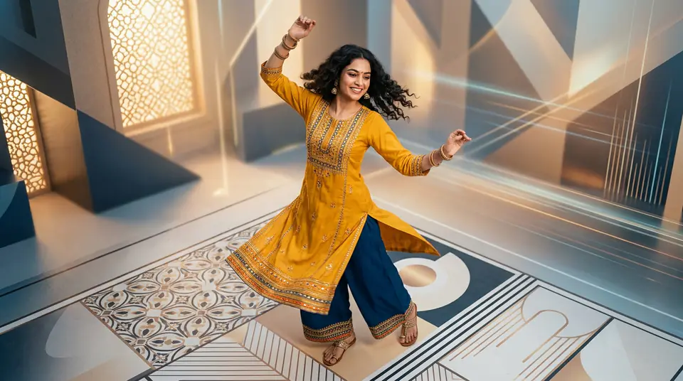 Indian woman model in a vibrant mustard yellow kurti, showcasing the speed and innovation of AI fashion photography.