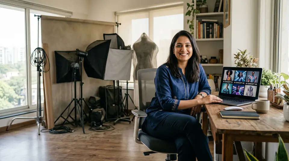 Indian fashion entrepreneur smiling confidently, reviewing AI fashion photos on a laptop, with an abandoned traditional photoshoot setup in the background, symbolizing efficiency and cost savings.