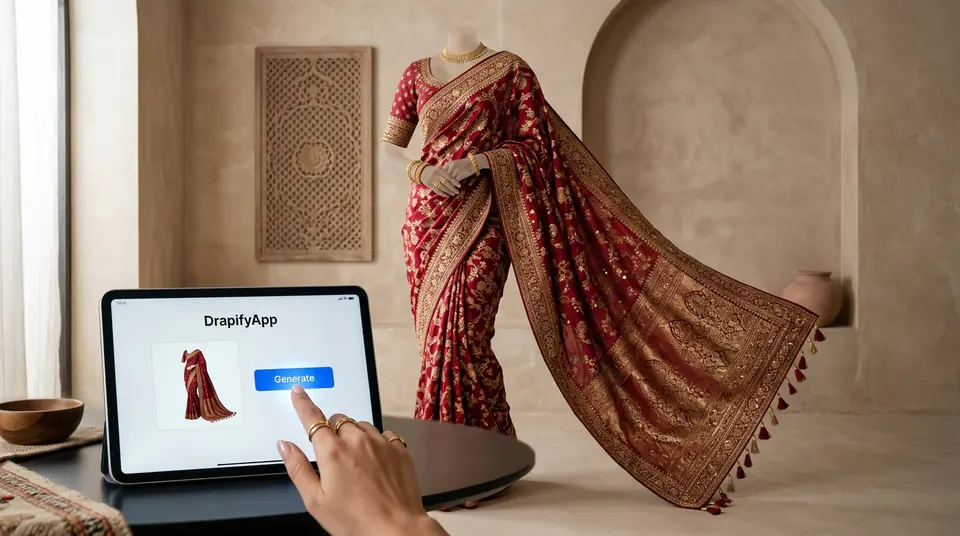 A modern Indian kurti set elegantly displayed on an AI model, with a digital tablet showcasing DrapifyApp's AI generation interface in the foreground, representing cost-effective fashion photoshoots.