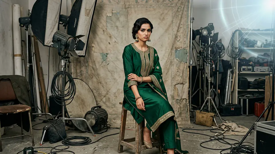 Indian model in a kurti set looking frustrated in a cluttered traditional photoshoot studio, hinting at the high fashion photoshoot cost in India and the need for modern alternatives.