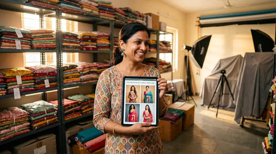 Indian D2C fashion brand owner happy with AI models, contrasting with an expensive, unused traditional studio setup.