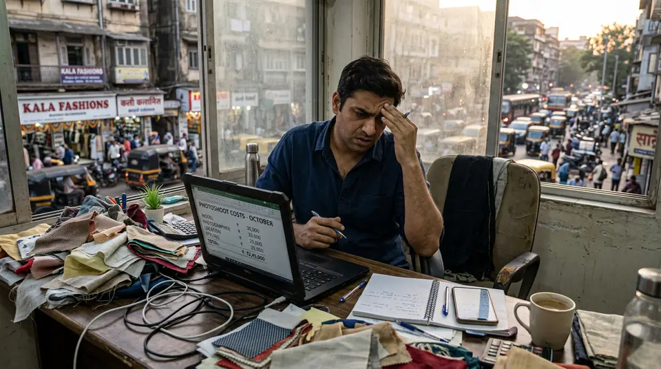 Indian fashion seller looking at high photoshoot costs on a laptop, contemplating financial strain in Mumbai.