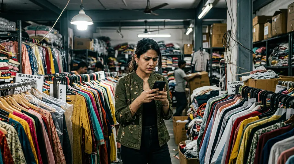 A stressed Indian fashion brand owner looking at her phone, worried about the high fashion photoshoot cost in India.