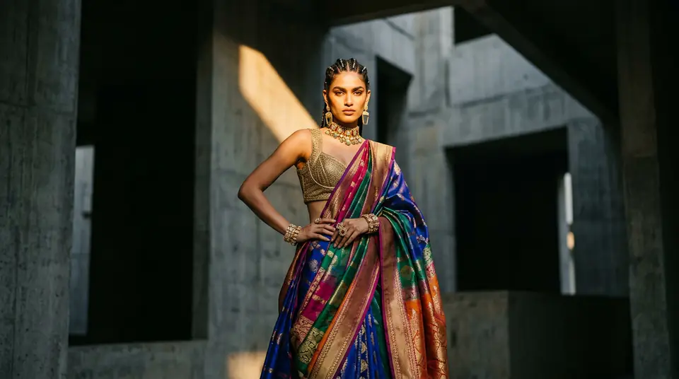 A model wearing a vibrant saree in a futuristic setting, representing the future of fashion photoshoot costs in India.