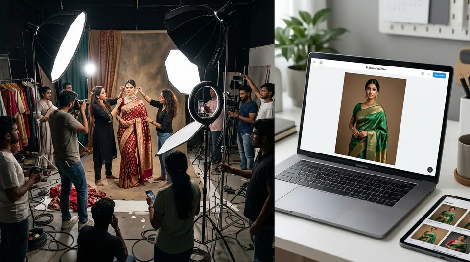 Comparison of traditional Indian fashion photoshoot costs with AI-generated catalogue images.