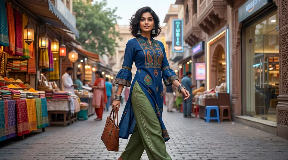Indian model confidently showcasing a modern fusion kurti set against a vibrant, high-tech marketplace background, symbolizing the future of fashion photography.