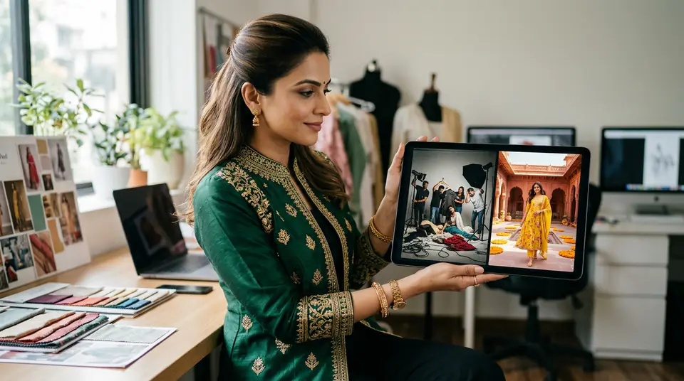 Indian entrepreneur confidently comparing chaotic traditional photoshoot to pristine AI-generated fashion photography on a tablet, showcasing the elimination of fashion photoshoot redo cost with DrapifyApp.