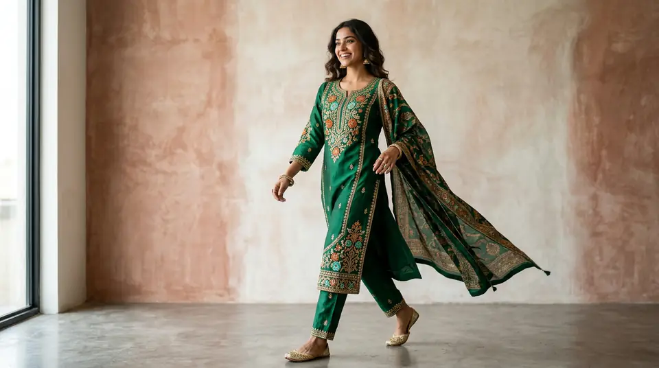 AI-generated fashion photograph of an Indian kurti set on a model, showcasing flawless detail and studio-quality lighting, symbolizing an end to photoshoot reshoots and high costs.