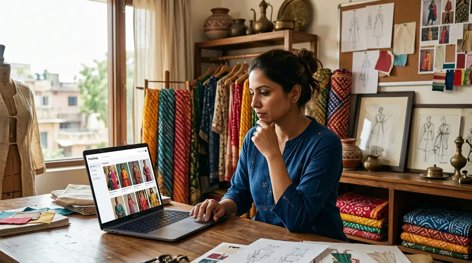 Indian ethnic wear designer Anya Sharma looking at DrapifyApp on a laptop, surrounded by fabric and sketches in her Jaipur studio.