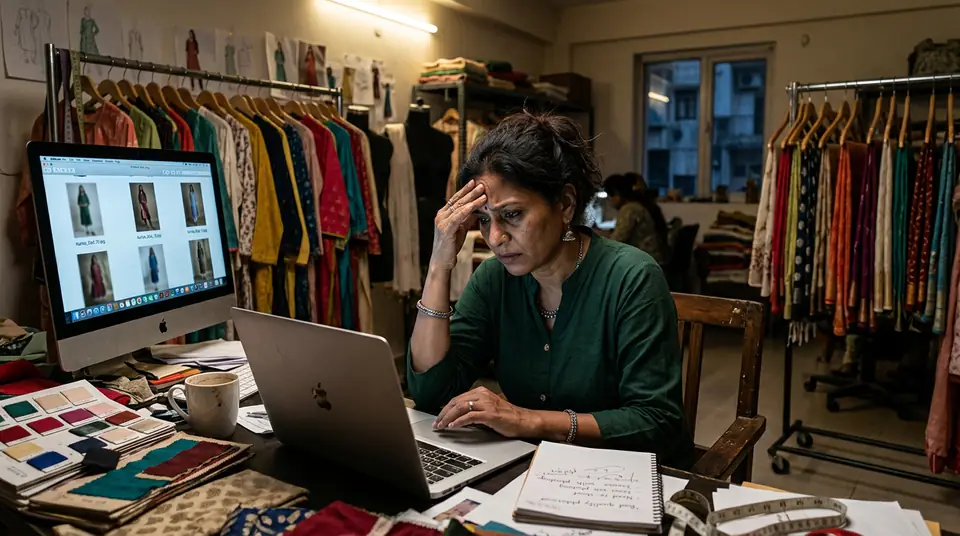 A frustrated fashion brand owner reviewing a failed photoshoot on their laptop, representing the cost of a reshoot.