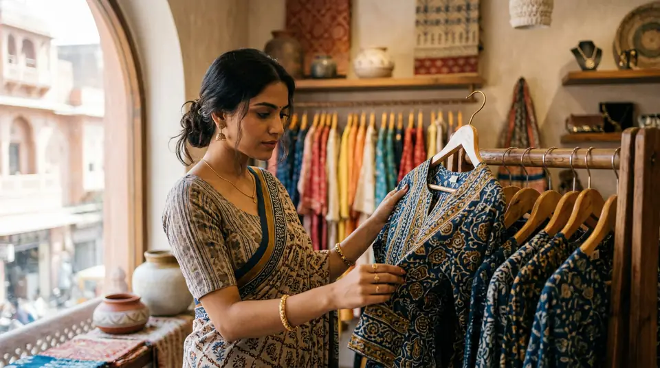 A woman carefully inspecting the fabric of a kurti in a boutique, illustrating the importance of product photo accuracy in fashion e-commerce.