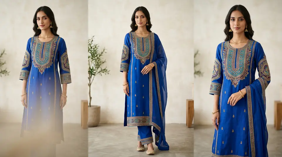 AI-generated image of a stunning embroidered kurti set on an Indian model, showcasing accurate details and colors for reducing fashion return rates.