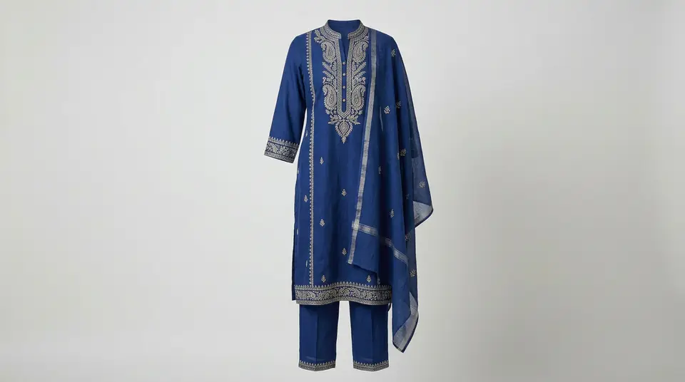 Close-up of an indigo embroidered kurti set on an invisible mannequin, highlighting fabric texture and accurate color for ecommerce