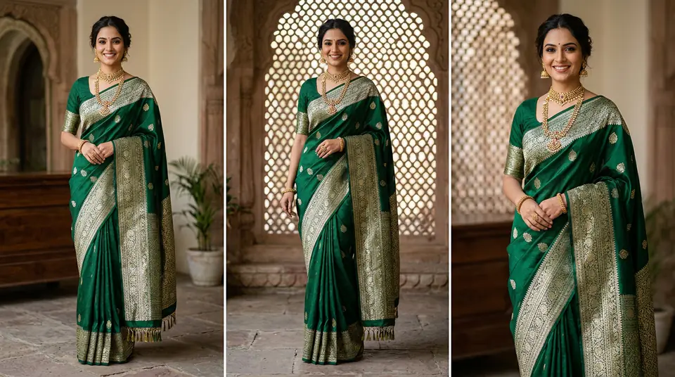 A stunning, high-resolution image of an Indian model showcasing a meticulously detailed saree, emphasizing accurate color and fabric texture, symbolizing visual fidelity for reduced fashion return rates.