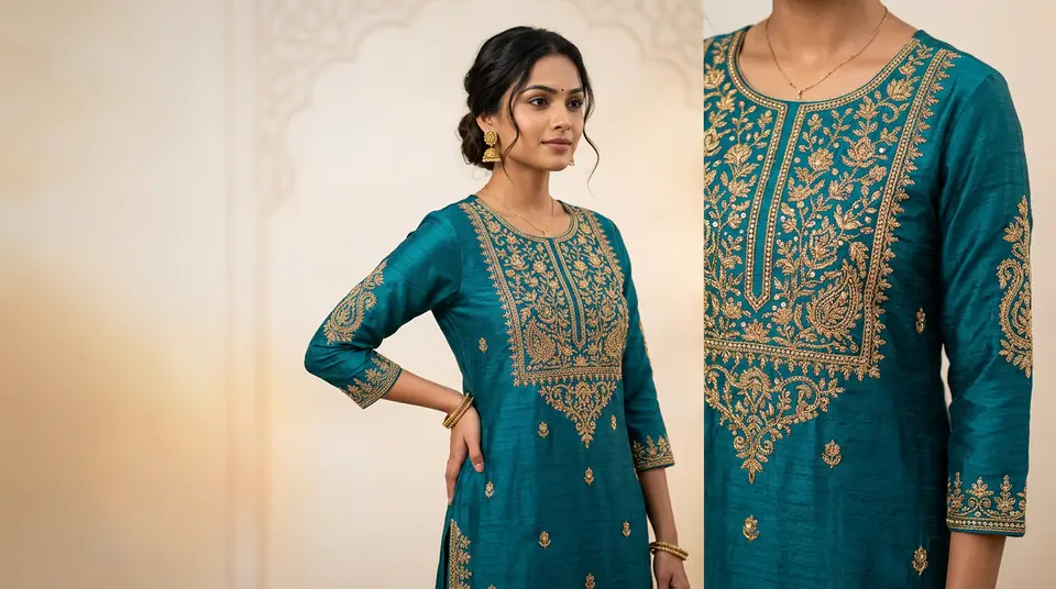 Close-up of a vibrant kurti set on an AI model, showcasing accurate fabric texture and color to reduce fashion returns.