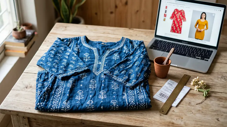 A returned kurti laying on a table next to a computer showing inaccurate product photos, symbolizing high fashion return rates due to misleading images.