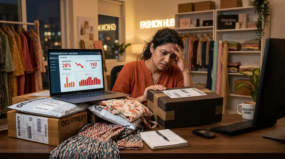 A D2C fashion seller frustrated with high return rates looking at returned packages and sales data on a laptop.