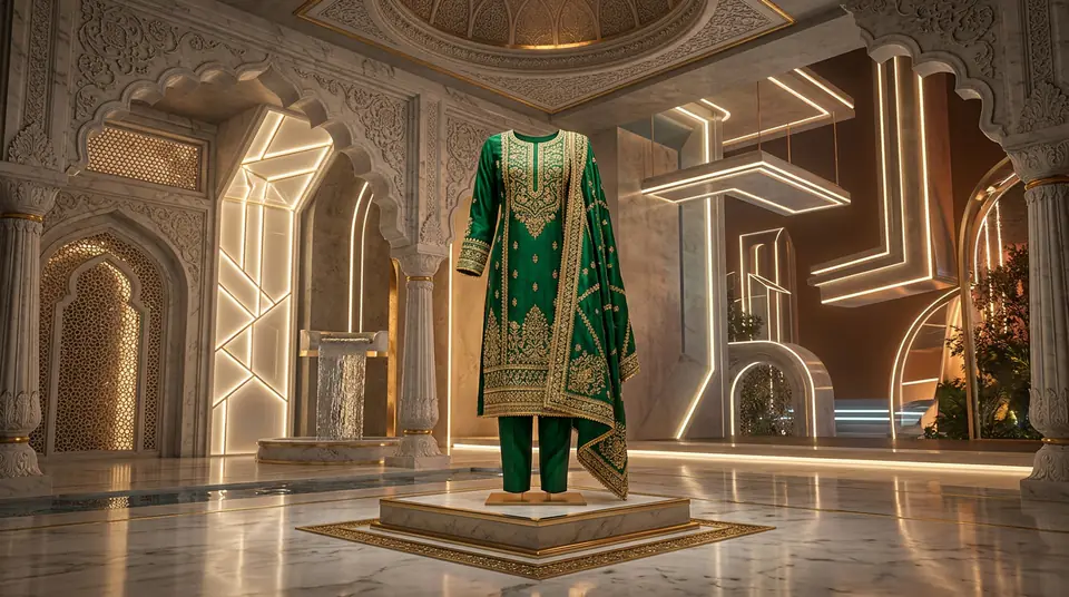 A stunning, luxurious AI-generated studio photoshoot of an embroidered Indian kurti set, showcasing intricate details and rich fabric in perfect lighting.