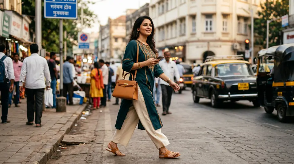 Indian woman in a stylish kurti walking on a busy Mumbai street, embodying modern fashion commerce