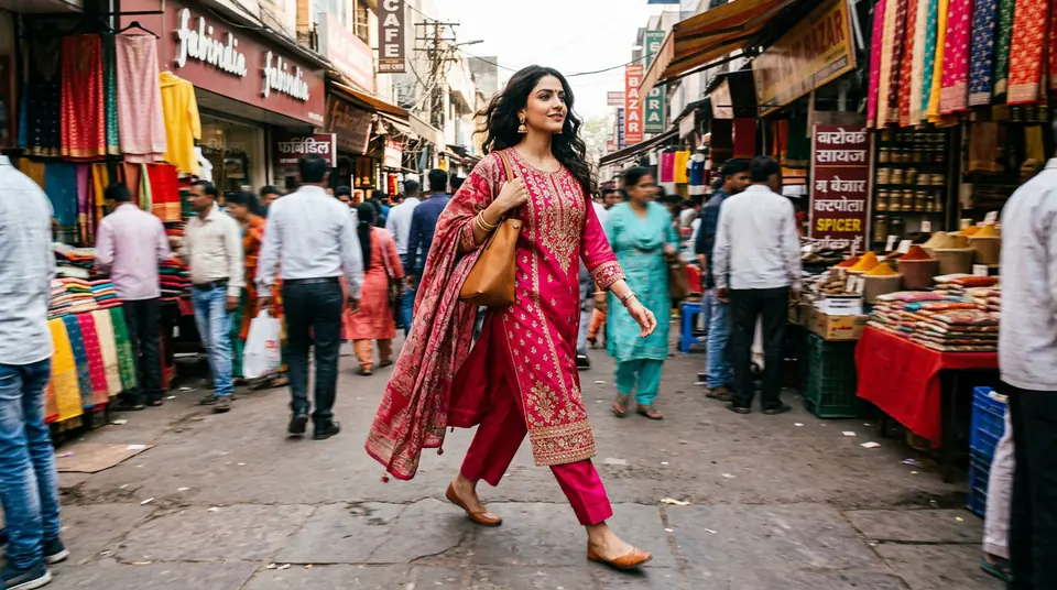 Indian woman in a modern kurti set, walking confidently in a blurred city marketplace, symbolizing fast fashion photography and quick collection launches.