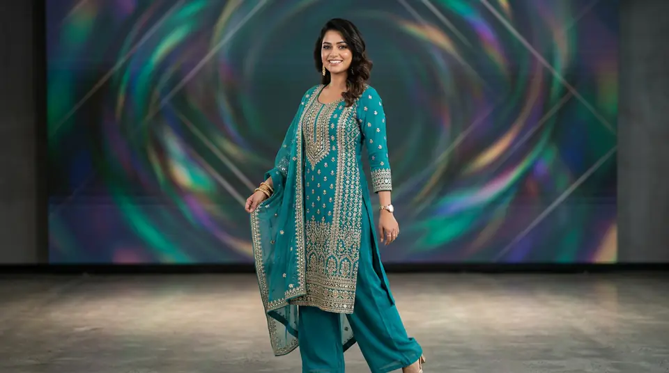 Stylish Indian woman in a modern kurti set, captured in a virtual studio setting with dynamic lighting, representing fast fashion photography.