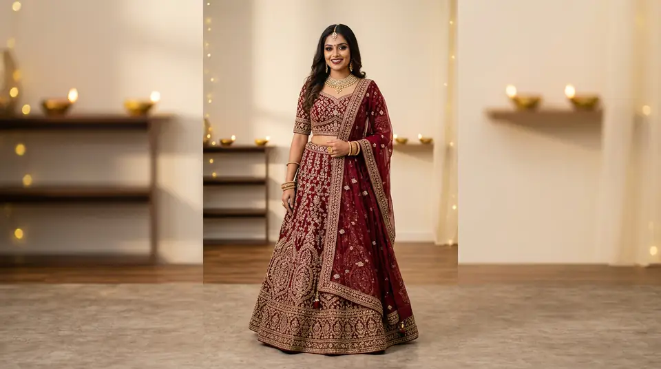A model wearing a festive maroon lehenga, representing a professional festival fashion catalogue shoot.