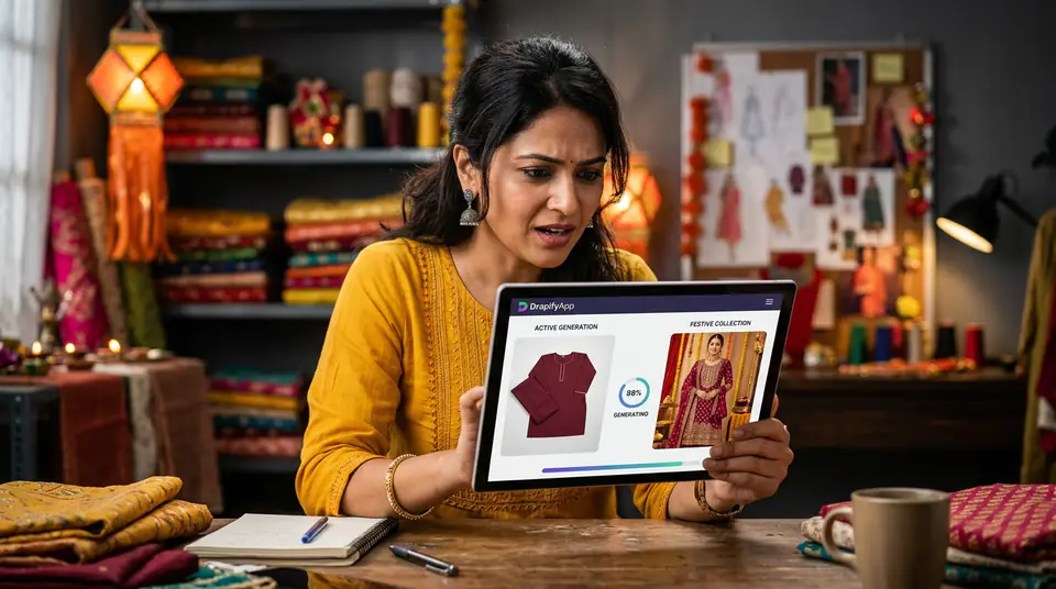 Indian fashion entrepreneur successfully generating a festive fashion catalogue using DrapifyApp on a tablet, with a mix of urgency and relief, during the peak festival season.