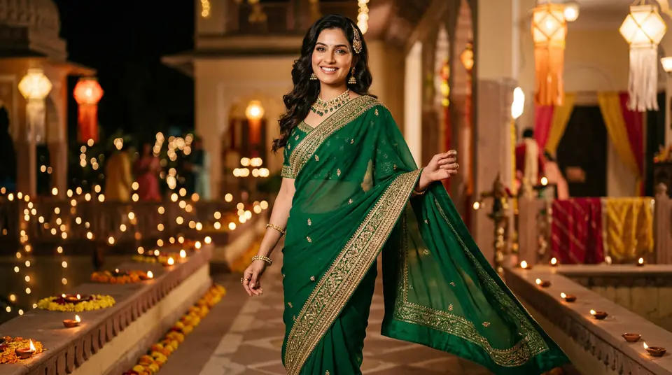Indian model confidently posing in a vibrant ethnic kurti set, with a soft-focus festive Indian backdrop featuring warm lights for a festival fashion catalogue. DrapifyApp AI fashion photography.