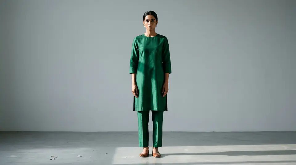 An Indian model in a green kurta set against a grey background, showcasing a compliant photo for a Google Shopping apparel feed.