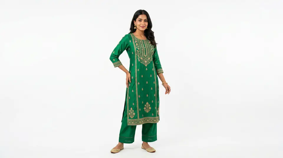 Indian woman model wearing green kurti against a perfect white background, ready for Flipkart listing