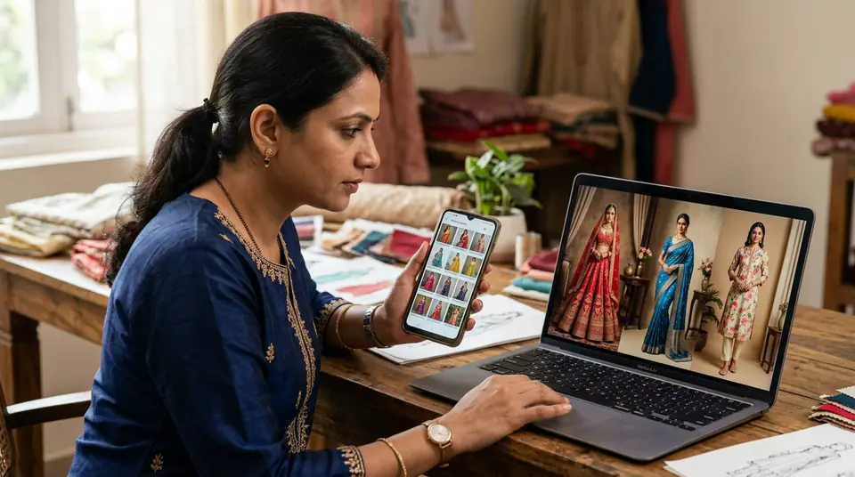 Comparison of low-quality, watermarked free AI model photos on a phone versus high-quality, professional AI model photos on a laptop for Indian fashion