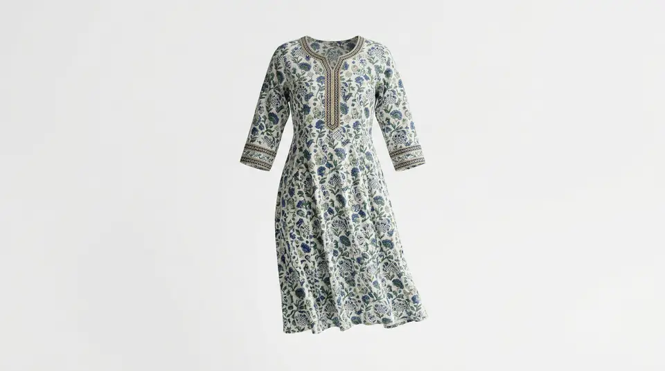 Elegant kurti floating on an invisible ghost mannequin against a white background, showcasing the fabric and fit.