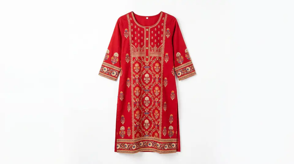 A perfectly lit, vibrant red kurti displayed against a clean white background, optimized for Google Shopping.