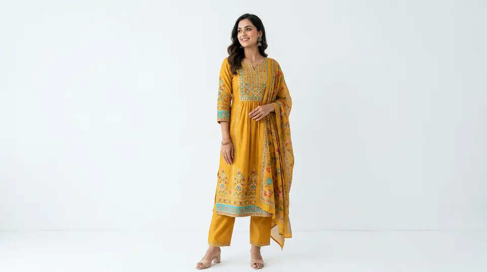 Indian model in a stylish kurti set, demonstrating high-quality Google Shopping apparel photos on a clean white background.