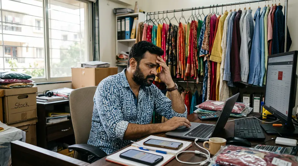 Ecommerce seller looking at Google Merchant Center feed disapproval on laptop