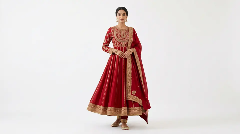 Indian model wearing a red and gold Anarkali kurti set on a pure white background, showcasing ideal Google Shopping product photography for fashion.