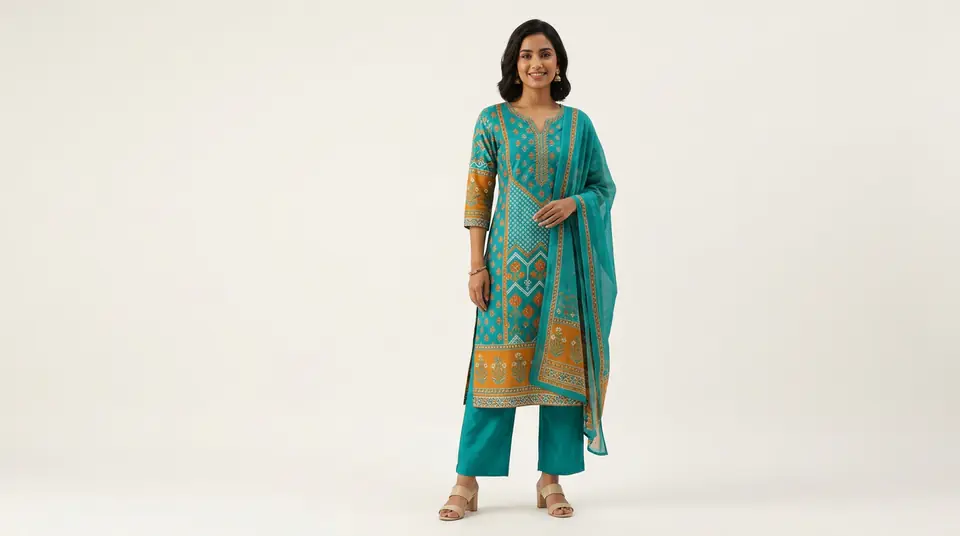 Indian model showcasing a kurti set against a clean white background, optimized for Google Shopping feed photos