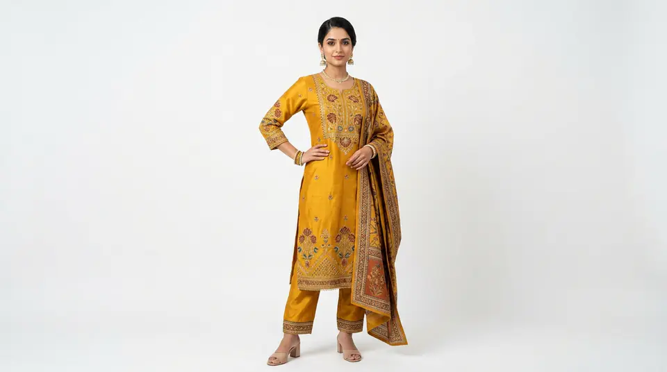 Indian woman wearing a vibrant kurti set on a plain white background, exemplifying Google Shopping compliant fashion photography.