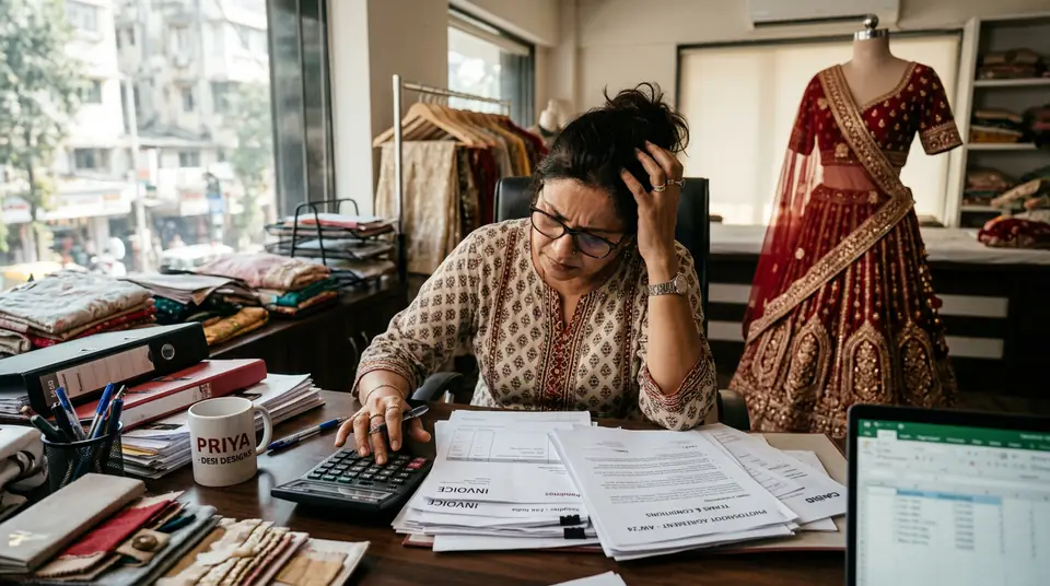 Indian fashion business owner calculating high photoshoot costs from invoices