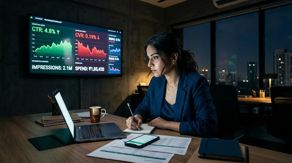 A performance marketer analyzing a dashboard showing a high CTR but a low fashion ad conversion rate, highlighting a common problem for Indian ecommerce brands.