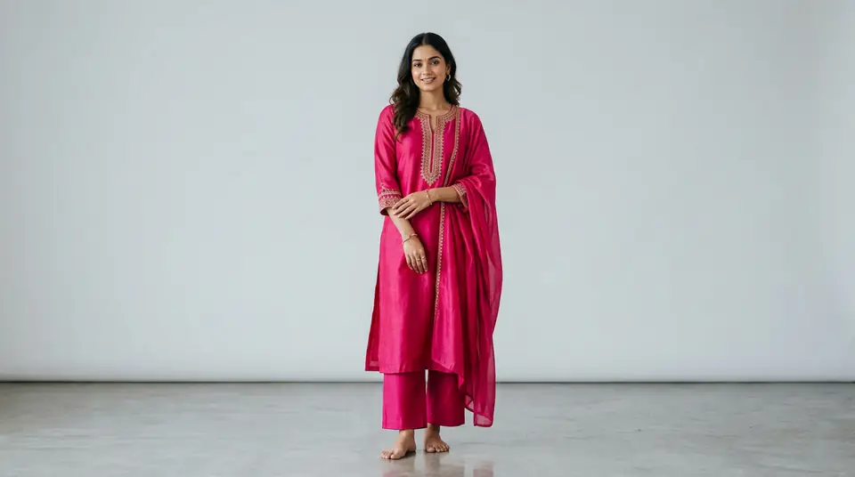 Indian model showcasing a vibrant fuchsia kurti set in a professional studio setting, emphasizing accurate fabric texture and color for reduced returns.