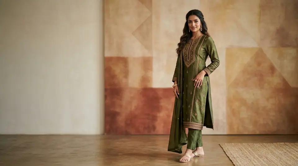 Indian woman wearing a contemporary kurti set, showcased by AI model fashion photography, demonstrating virtual model use for fashion brands.
