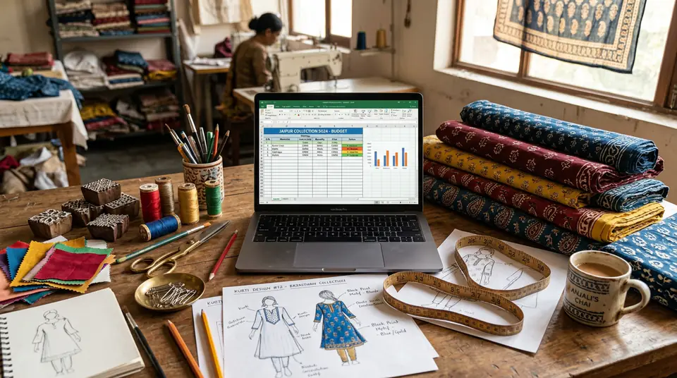 A desk in a Jaipur fashion studio covered in fabric and sketches, showing the planning for a 100-product catalogue shoot.