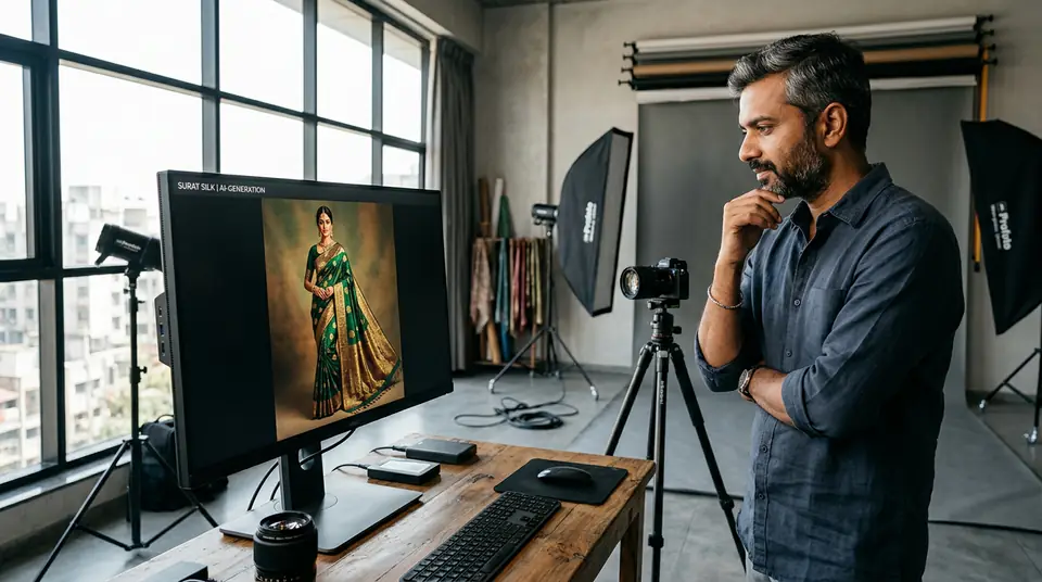 A photography studio owner in India reviews AI-generated model photos on a large screen, illustrating how studios can use AI in their workflow.
