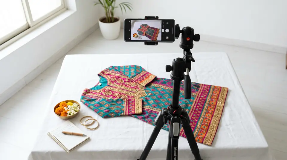 Indian kurti being photographed on a white sheet with a smartphone for a product catalogue.