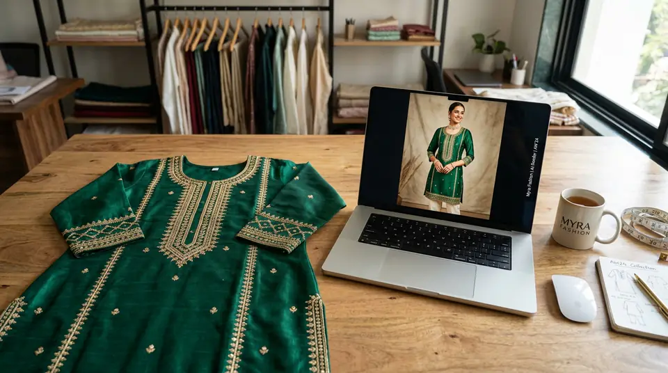 A flat lay of a kurti on a desk next to a laptop showing an AI-generated on-model photo of the same garment.