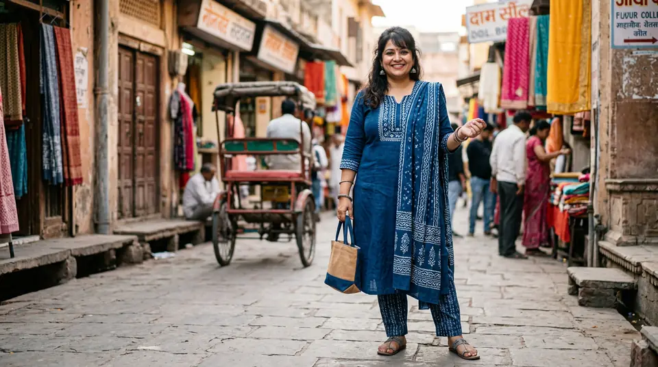 Indian woman with a fuller figure wearing a stylish kurti set, standing confidently in an authentic, bustling Indian street market, representing inclusive fashion photography.