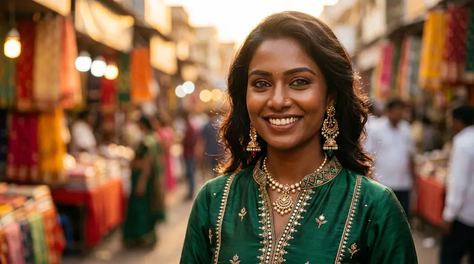 Close-up of a confident, diverse Indian model wearing an elegant kurti and traditional jhumka earrings in a vibrant marketplace background, representing inclusive fashion photography in India.