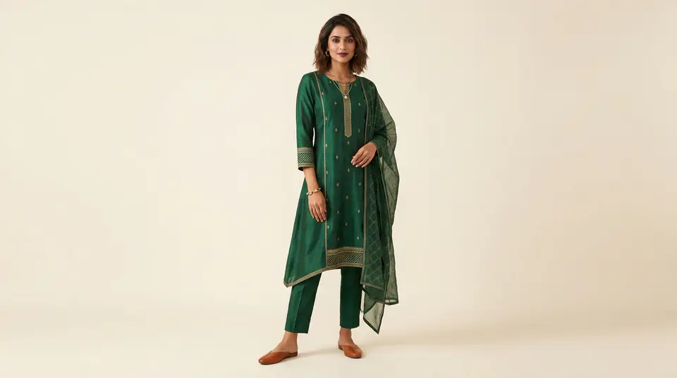 Indian model wearing a premium kurti set against a perfectly consistent, minimalist off-white studio background, showcasing professional product photo background consistency.